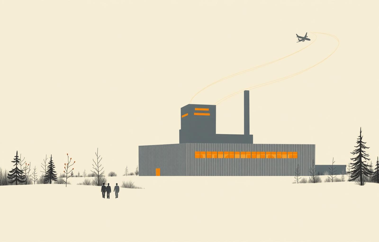Illustration of Arctial's low-carbon aluminium factory with international talent arriving
